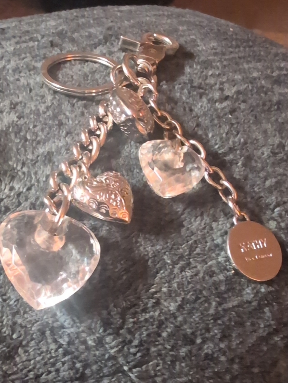 Kathy Van Zeeland  Silver-Tone Heart Charm Keyring with Clear Crystal Hearts